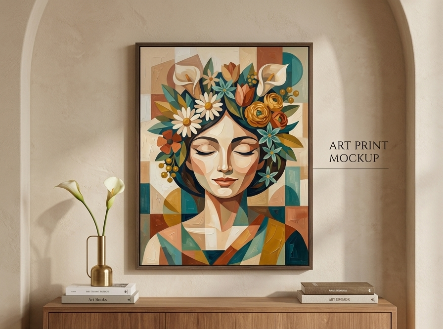 Abstract Woman Face Wall Art with Floral Crown | Modern Geometric Canvas Painting for Home Decor | The Nestify