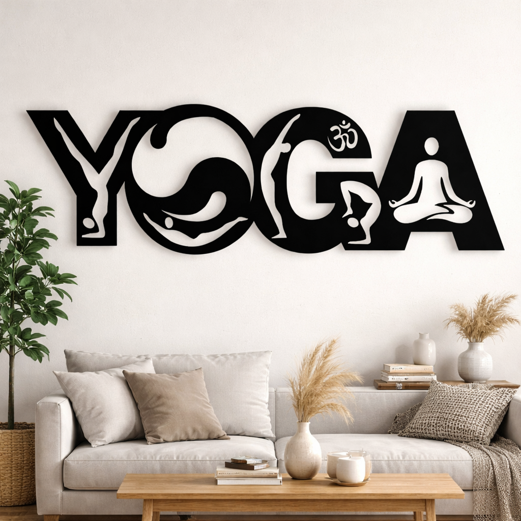 Minimalist Black MDF Yoga Wall Art | Laser Cut Meditation Decor for Living Room & Studio